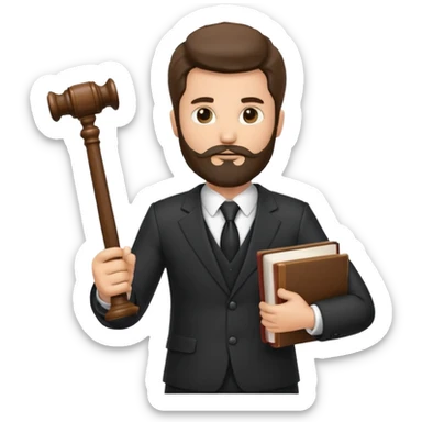 Create a male lawyer. he is wearing a fromal suit jckeret. He is holding a gavel in one hand and a book tucked under his another arm. He has beard. And the hair is kinda darker but not black. and is kinda short at the layers sticker