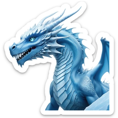 Cinematic Noble wise elegant Ice Dragon Portrait Emoji, Poised and imposing, distinct long elegant snout, with a slender, scaled body shimmering in glacial hues of icy blue, frostbitten silver, and crystalline white, breathing out frost, with piercing, glowing ice blue white eyes that radiate the chilling depths of an arctic storm; rendered in detail. excuding wisdom sticker