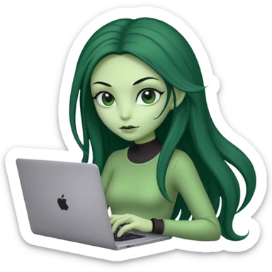lady alien with only gaming laptop. negative : headphones. sticker