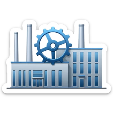 "A minimalist vector icon of a modern manufacturing factory building with a gear symbol above it. Blue and grey color scheme, flat design, white background, simple thick lines, professional business logo style." sticker