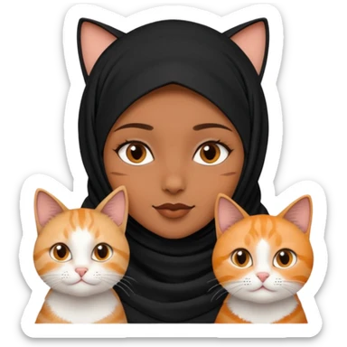 A girl with brownblack eyes and black hijab and three cats, one blackwhite girlcat and one blackwhite boy cat sticker