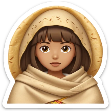 Tan girl with bangs wrapped in tortillas blanket sticker