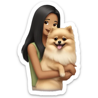 A cream-colored Pomeranian dog in the arms of a dark-haired girl sticker