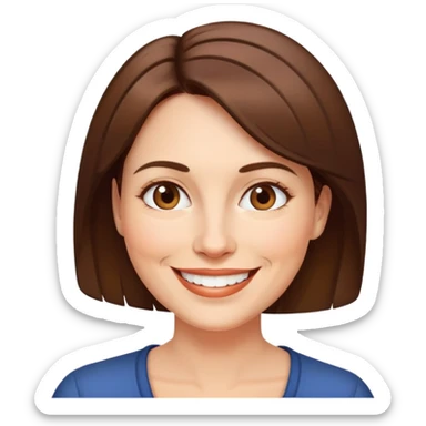 người phụ nữ 40 tuổi, da trắng, tóc ngắn màu nâu, mặt cười tươi vui vẻ sticker