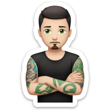 White young man with short black taper fade hair cut and slight goatee and neutral expression with his arms folded. Green eyes and arm tattoos sticker