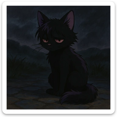 ghibli style emo kitty with moody atmosphere, black fur, purple highlights sticker