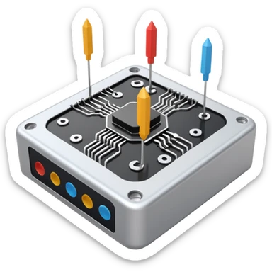 schematic emoji of a stylized microcontroller with arrows pointing to a sensor and an actuator, connected by simple lines evoking physical computing logic sticker