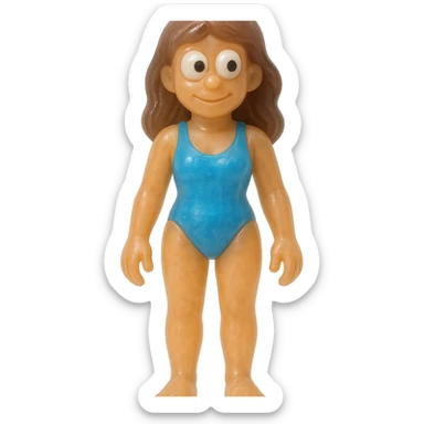 Make the beach girl smaller in frame so the entire character is fully visible from head to toe with no cropping at the top or bottom. Keep the full-body, retro 90's toy style, very transparent and slightly see-through, natural tan skin, brown hair, blue swimsuit, derpy eyes with large white eyeballs and small black pupils looking in different directions, soft plastic texture, soft reflections, soft and squishy, some cloudiness, not shiny, highly detailed, appealing, no tag, no background. sticker