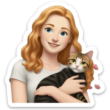 Females, Strawberry blonde shoulder length hair, 25 year old, blue eyes, lightly freckled, smiling at the camera while holding a brown, black, and white tabby cat in her arms, standing outside with a garden and trees in the background  sticker