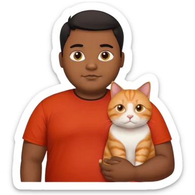 Indian black chubby guy with black middle parted hair in red t-shit with orange cat sticker