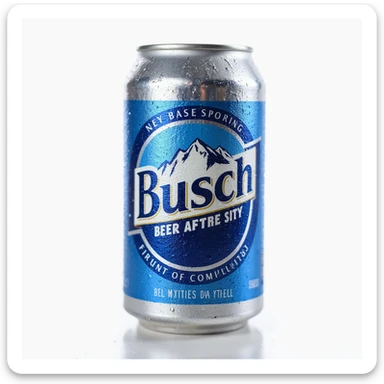 a can of Busch beer, realistic style, blue and silver colors, condensation on the can, mountain landscape on the label sticker
