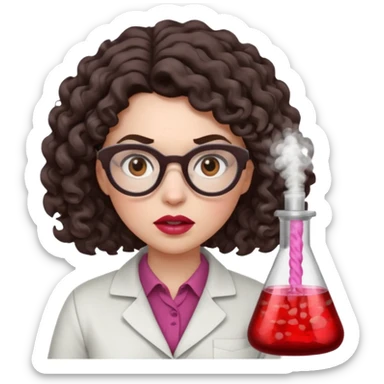 A crazy female scientist, with curly-wavy dark brown medium lenght hair, brown eyes and light grey glasses and pale skin and pinkish lips, dressed to look like an english teacher but in neutral tones like grey black white, maybe with the pop of dark red, with no girly colors, she should look mad sticker