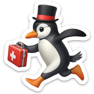 side view of a doctor penguin running with a top hat holding a first aid medical box with a red cross sticker