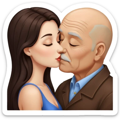 Beautiful woman with long dark hair, kissing a brown old bald man sticker