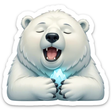 Cinematic Cute Yawning Polar Bear Portrait Emoji, Head tilted slightly with a dramatic, wide-open yawn, showcasing luxuriously thick fur and sleepy, half-closed eyes radiating drowsy contentment, Simplified yet irresistibly adorable features, highly detailed, glowing with a soft, cozy polar light, high shine, relaxed yet expressive, stylized with a dash of whimsical arctic charm, soft glowing outline, capturing the essence of a drowsy yet affectionate guardian that seems ready to stretch out for a nap! sticker