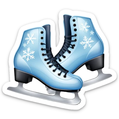 An icon showing In the background, twinkling lights, winter trees, and cheering spectators create a festive atmosphere. a pair of elegant ice skates gliding across a smooth, frozen rink with snowflakes in the air. Transparent background highlights the grace and charm of ice skating. sticker