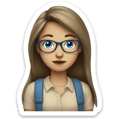 girl with brown long hair and bangs, blue eyes, glasses, beige shirt sticker