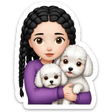 A girl with the black braids,hugging a Bichon frise sticker