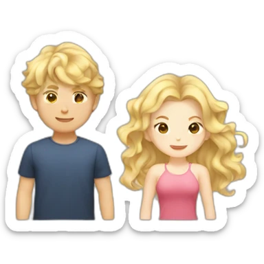 blonde wavy hair girl, japanese tan boy, couple sticker