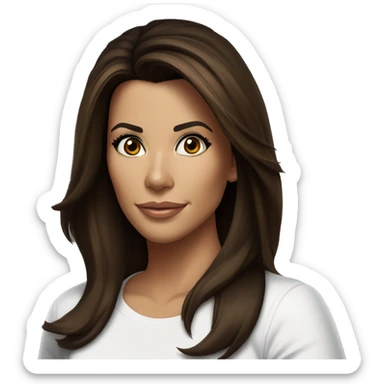 3/4 face, contrasted, shadow, light, Eva Longoria expression, standing from a distance, thin nose, brunette woman, hazel eyes, long eyelashes, dark shoulder shaded hair, white t-shirt, jeans, white sneakers sticker