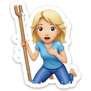 simple blond woman kneeling, surprised, big cartoon stick with D-shaped knob emerging from hanging pants, water splash into her mouth sticker