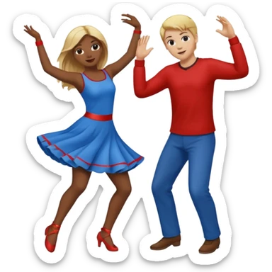 Two people dancing, one wearing red with blond hair and one wearing blue with brown hair and dark skin sticker