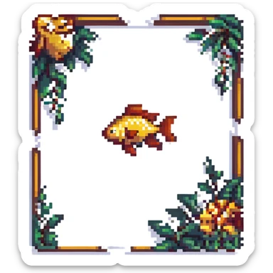 Transform the golden fish pixel art into a fancy seal or logo icon. Add elegant borders and a sense of prestige while maintaining the pixel art style. Keep the background transparent with no background fill. sticker