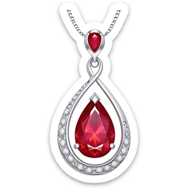 teardrop ruby pendant with silver chain, glowing cosmic embryo inside, swirling stardust and fiery trails, radiating ethereal magic sticker