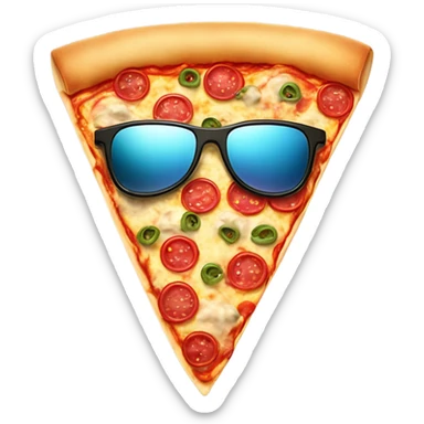 Make a pizza with a face wearing sunglasses riding a surf board sticker