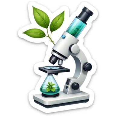 An icon featuring a microscope, a DNA strand, and plant leaves, symbolizing biology. The design includes cells, a test tube with a plant sample, representing life sciences, ecosystems, and the study of organisms. Transparent background highlights the exploration of living systems. sticker