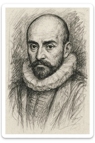 a hand drawn black outline portrait of philosopher Montaigne with similar-sized eyes based a famous portrait of him sticker