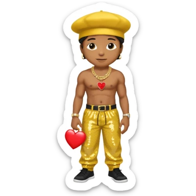 LL Cool J with yellow sequin baggy pants, shirtless with necklace with red heart, black hat sticker