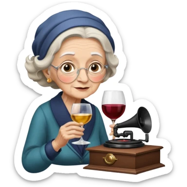 old lady with wineglass listening to gramophone sticker