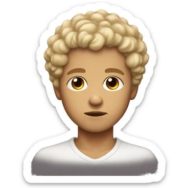 black eyes, very very curly blonde short hair boy, serious face, tan skin sticker