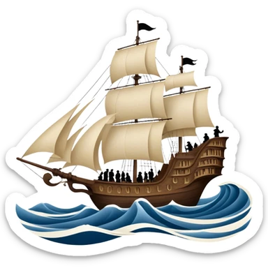 Reading Fiction: a sailing ship made of book pages floating on waves, with swashbuckling musketeers on horseback and a detective silhouette resembling Sherlock Holmes in the background. The icon should capture the adventurous and romantic spirit of classic literature. Transparent background. sticker