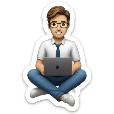 A young teacher (man) with brown hair with a laptop. No glasses. The background is a modern bookshelf.  sticker