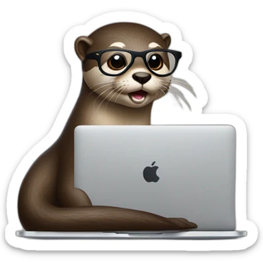 female otter with glasses use a macbook while seated against a pillow sticker