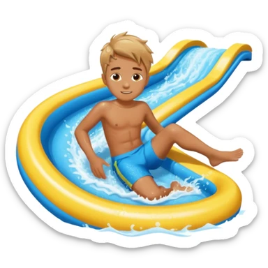 a boy that is sliding on his belly in ON his belly from a waterslide sticker