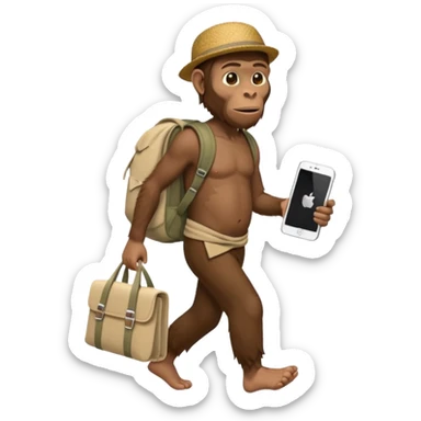 Draw an Australopithecus walking like a nomad, carrying a cloth bundle on its back and holding an iPhone and a laptop, in a cute flat iPhone emoji style. sticker