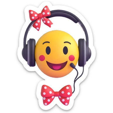 3D smiley emoji with big eyelashes, red polka dot bow, wearing headphones, singing with musical notes sticker