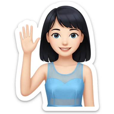 Cewe Romantis Kulit putih glowing, rambut hitam panjang  natural, poni see-through tipis. Pakai shift dress biru pastel terang senyum lembut sambil lihat ke samping. tangannya nyapa sticker