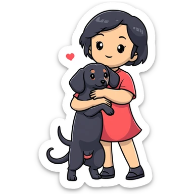 black hair asian girl hugging black dachshund sticker