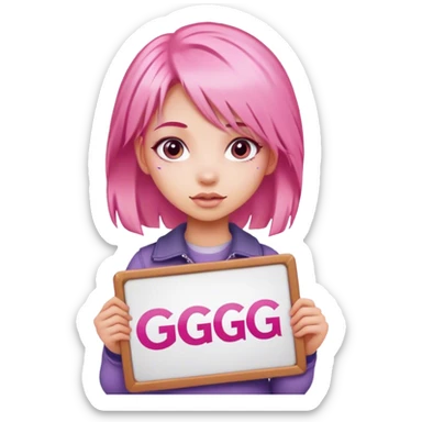 girl with pink hair, big sign, sign says GG sticker
