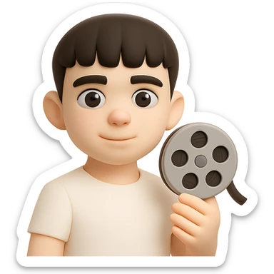 Make the character's skin tone lighter while keeping the same 3D cartoon style. Keep the film reel and white shirt as they are. Preserve the transparent background. The style should resemble a 3D fluent emoji style with a cartoonish look. sticker