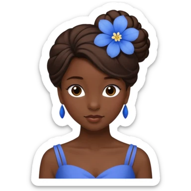 tạo cho tôi emoji tạo hình của công chúa da đen tóc nâu búi tóc 1 bên trên đỉnh đầu, cô ý cài hoa màu xanh sticker