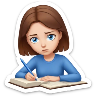 female writer, romantic, with brown hair, fair skin and blue eyes writing a book with a worried face sticker