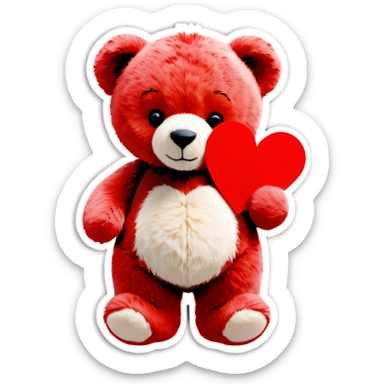 A photo Realistic teddy bear holding a red heart sticker