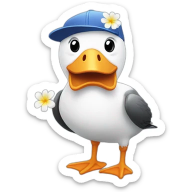 Smiling albatross with a baseball cap that has a flower on it sticker