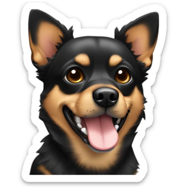 black brown mutt dog that with small german shephard head but larger chihuahua eyes and large overbite with left upper sharp canine tooth a bit crooked and sticking out mouth sticker