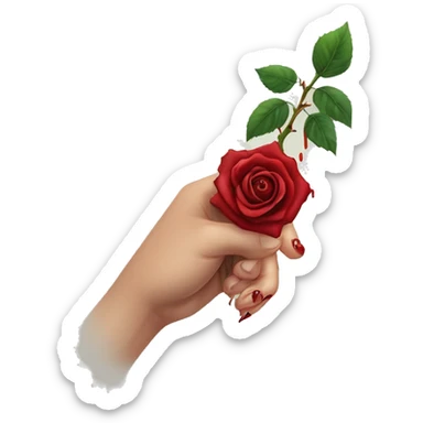 An image of a hand holding a rose, with a thorn piercing the skin, showing a small drop of blood, symbolizing the pain of beauty or love sticker